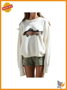 Crochet Chunky Fish Graphic Sweater Vintage Cottagecore Oversized Pullover